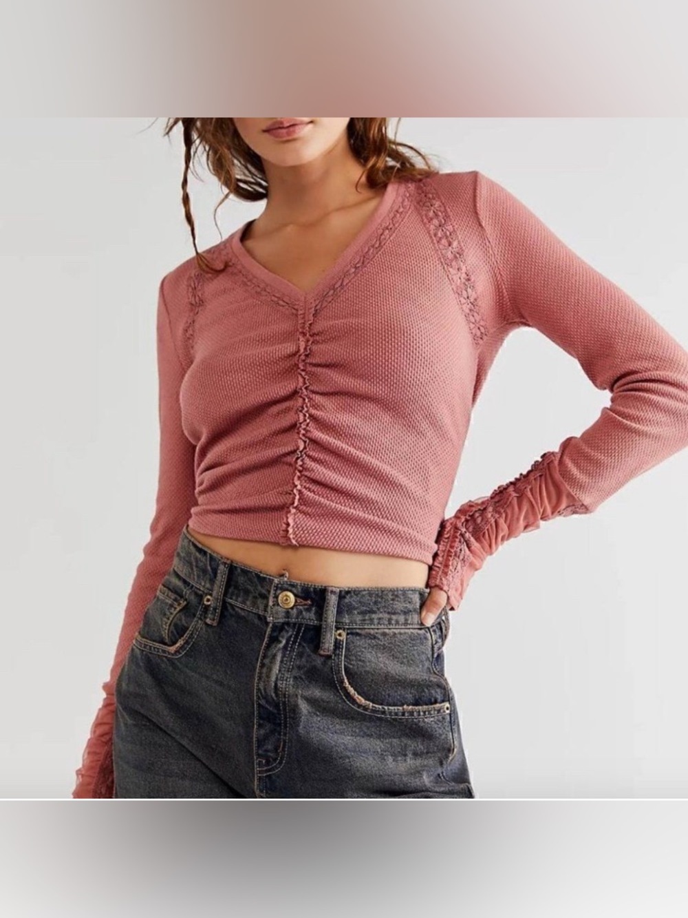 Free People Dusty Rose Pink V-Neck Wear Me Out Ruched Long Sleeve Top Size Large